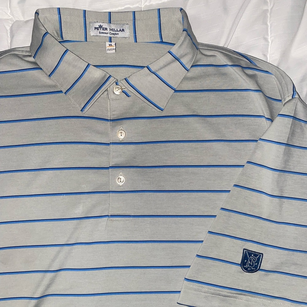 Peter Millar Gray Polo with Blue Stripes